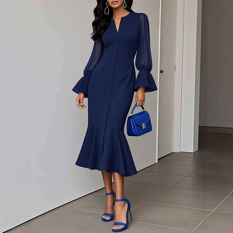 Long Sleeve Plus Size Vintage New In Dresses for Women Casual Long Spring Autumn Mermaid Hem Dress