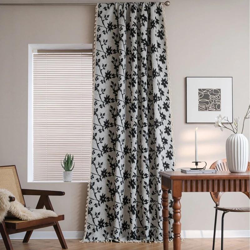 

Cotton Linen Curtain Finished Rose Jacquard Tassels Living Room Curtain Semi-blackout Bedroom Valance Decor Curtains W150 x H160cm&Punching чорний