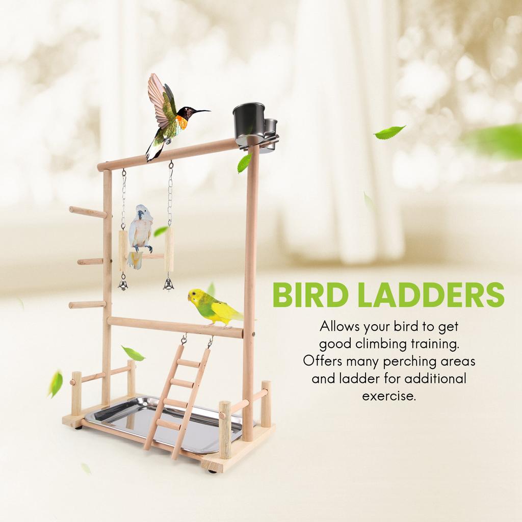 Good-Parrots Playground,Natural Wooden Parrot Perch Gym Play Stand Parakeet Ladders With Feeder Cups And Toys Exercise Play