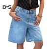 Dámské džínové šortky ke kolenům s kapsami Střední pas Volné džínové bermudy Rovná nohavice Džínové krátké kalhoty