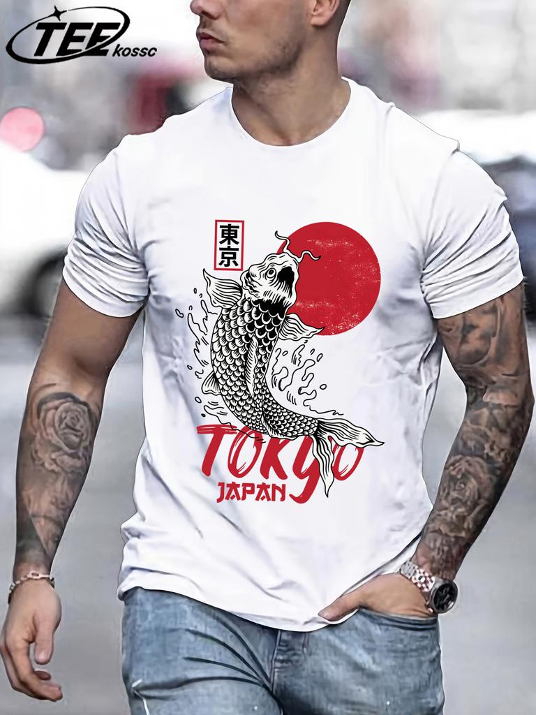 Harajuku Japan Tokyo Sunset Koi T Shirts Men Cotton Summer TShirt Loose Casual Clothes Unisex AllMatch ONeck Short Sleeve