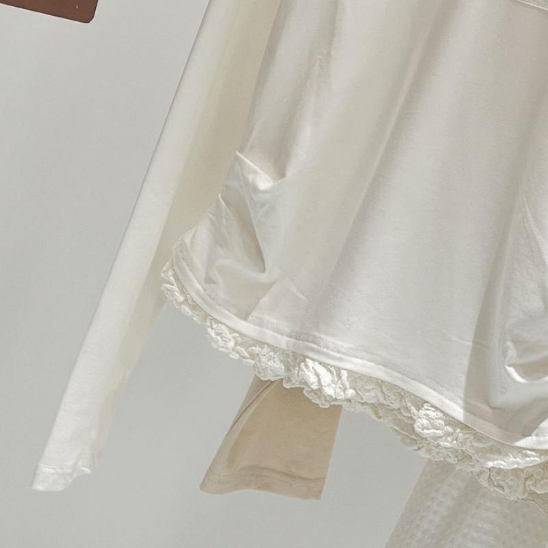 Zimní podzimní elegantní krajkové prošívání falešné dvoudílné tričko s dlouhým rukávem, halenka, dámské v novém designu s mašlí, sladké tričko se spodním dílem