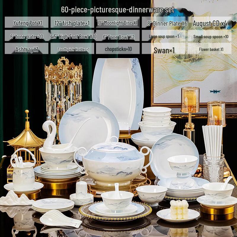 Jingdezhen  Scenery Like a Painting  Bone China 60-Piece Dinnerware Set