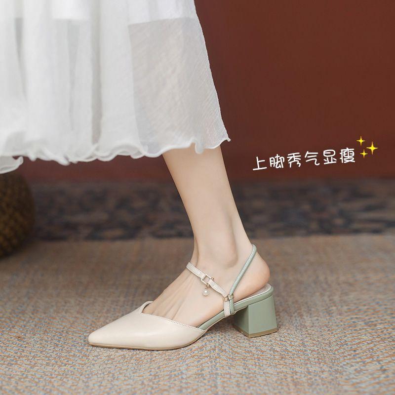 Soft Leather Half Slippers for Women, Pointed Toe Sandals for Women's Outdoor Wear, Thick Heels for Women's Middle Wear, and Two Pairs of Slippers