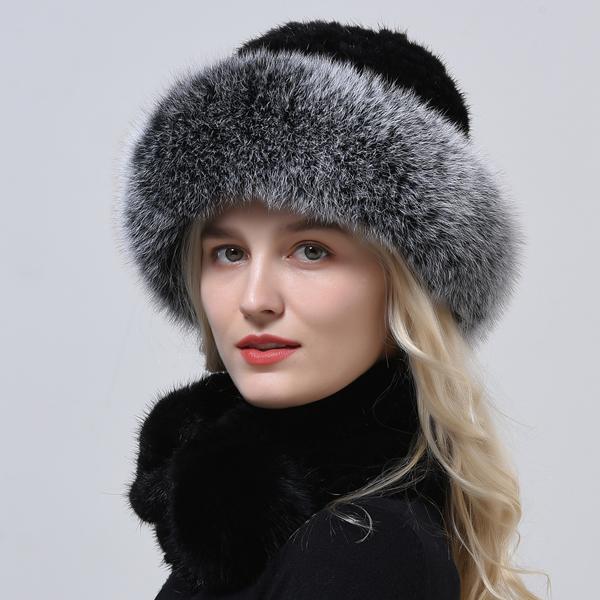 Hot Sale Rex Rabbit Fur Hats Scarf Set Elastic Knitted Winter Hat Women Genuine Warm Fur Caps Luxury Woman Fox Fur Bucket Hat