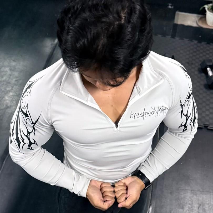 

Breathedivinity Чоловіча приталена тренувальна футболка з довгим рукавом та блискавкою до середини, що швидко сохне, Venom Dart Extra Extra Large