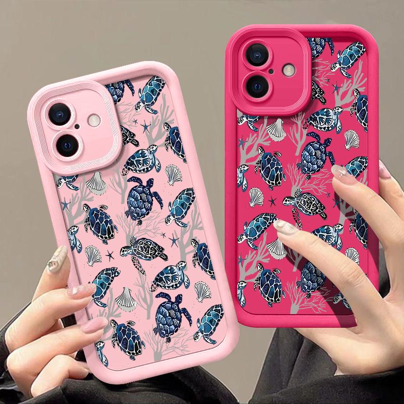 For iPhone 16 Pro 16E 15 Pro Max 14 13 12 11 Phone Case Shell Coral Turtle Pattern Anti-Fall Lens Protection Matte TPU Shockproof Soft Bumper Cover
