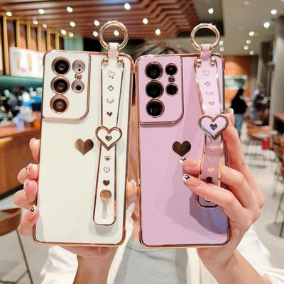 Plating Heart Wristband Case For Samsung Galaxy S23 S22 Ultra S21 Plus S20 Fe A14 A34 A54 A13 A23 A33 A53 A52 Silicone Soft Cover For Iphone 14 13 12