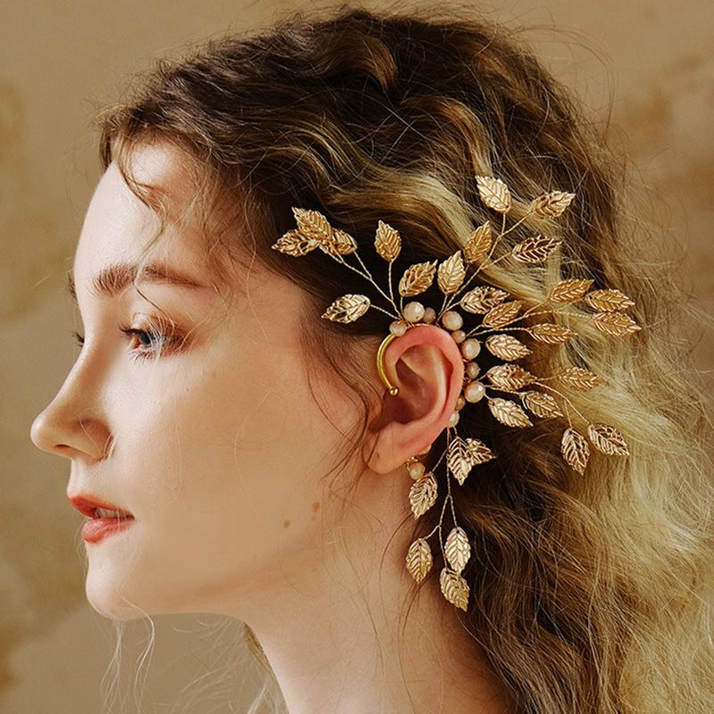 Vintage Leaf Ear Cuff Wedding Elf Maple Leaves Hollowed Crystal Fairy Earrings Clips for Women Boho No Piercing Earring Jewelry