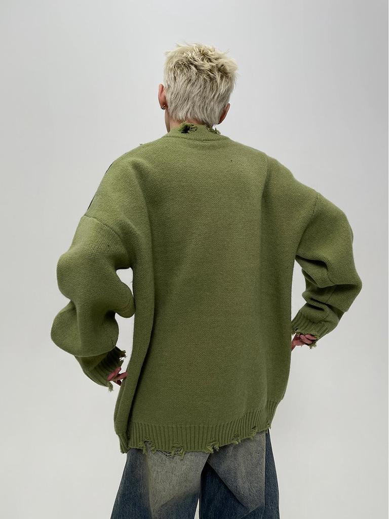 Unisex Color Block Distressed Knit Cardigan - Autumn/Winter Loose Fit Sweater