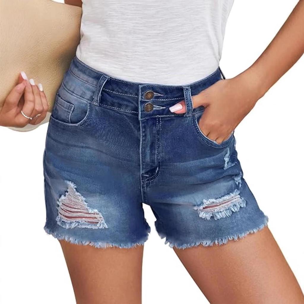 Women Denim Shorts High Waist Ripped Jean Shorts Double Button Closure Casual Summer Shorts for Outdoor Activities