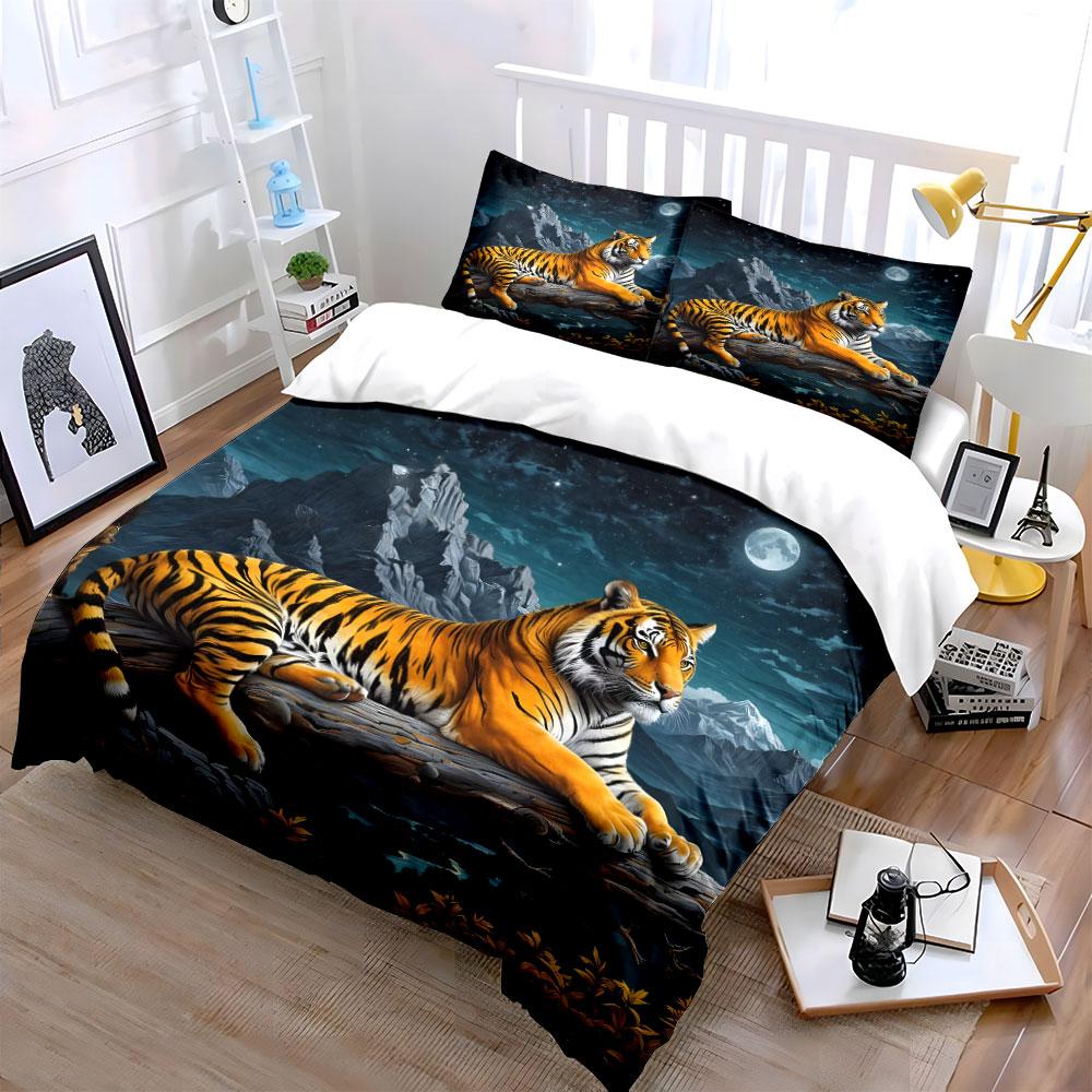 Tiger Resting, Moonlit Mountains Bedding Set For Kids Luxury Gift 3Pcs Digital Print Comforter Set Soft Comfortable Breathable