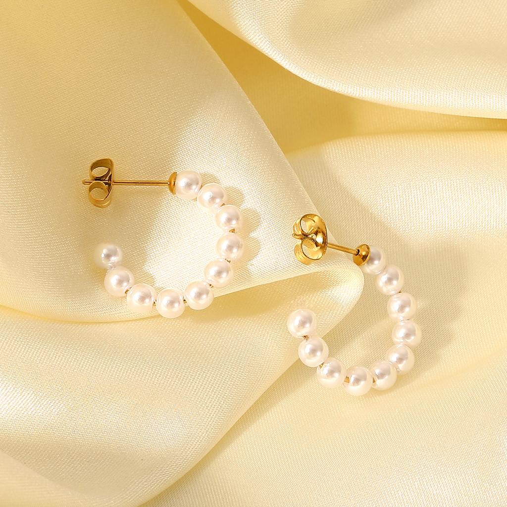 Yori Fashion Imitation Pearls Stainless Steel Hoop Earrings for Women Temperament Charm Metal Trendy Waterproof Jewelry