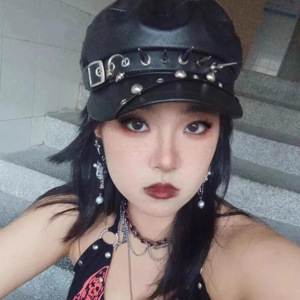 Dark Retro Gothic Spike Cap PU Leather Painter Hat Harajuku Rivet Punk Cap  Hip Pop Cap
