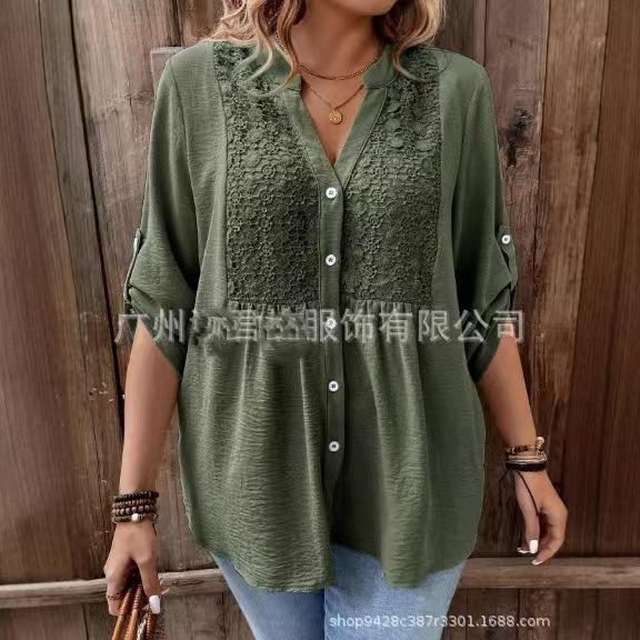 Plus Size Women S Lace Splice V Neck Long Sleeve Shirt