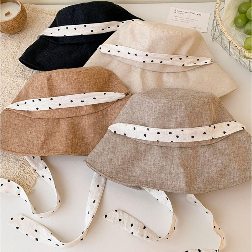 Polka Dot Ribbon Summer Sun Hat Solid Color Sunshade Hat Casual Bucket Hat  Beach