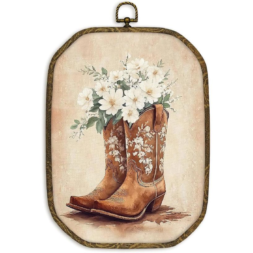 Nvucamd Vintage Western Cowgirl Wall Art Decor Framed, Preppy Western Octagon Canvas Prints Wall Art, Rustic Country Floral Cowgirl Boots Hanging