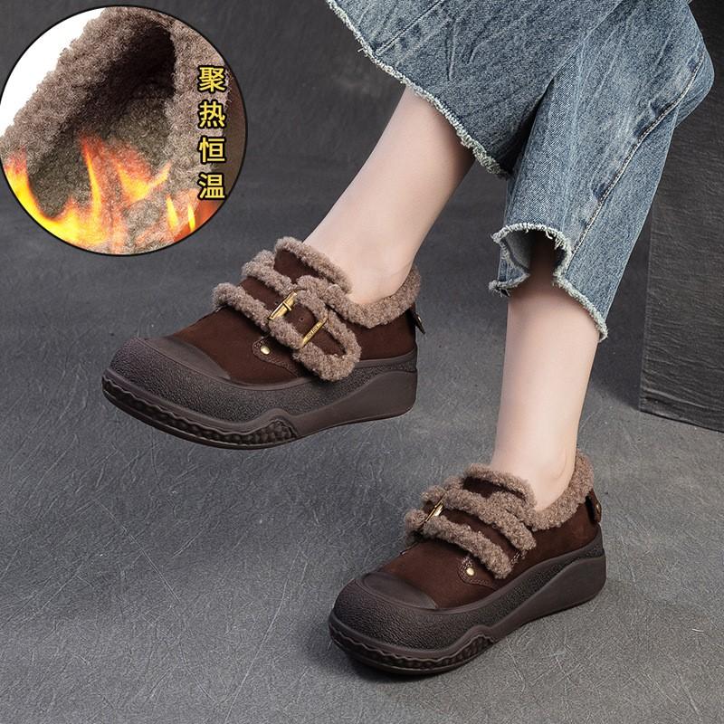 Johnature Plyšové hřejivé retro univerzální mokasíny z pravé kůže Ležérní dámské boty na ploché platformě se silnou podrážkou