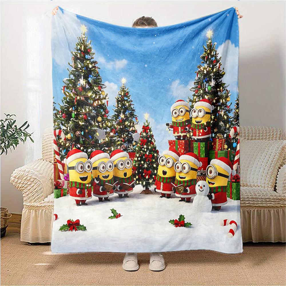 1Pc Happy Minions Holiday Wreath Blanket Soft Throw Blanket For Home Bedroom Bed Sofa Travel Office Solid Christmas Blanket