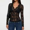 Frühling Sommer Langarm Durchsichtig Schlank Damen Schwarz Rundhals V-Ausschnitt T-Shirt Sexy Spitze Damen T-Shirt Durchsichtig Transparent Netz Oberteile