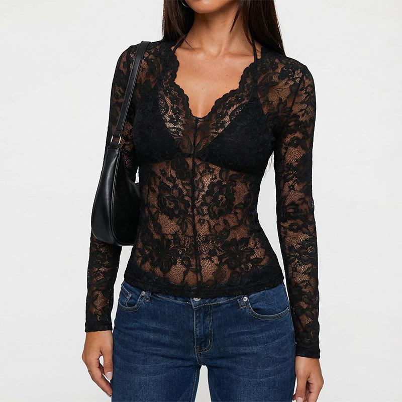 Frühling Sommer Langarm Durchsichtig Schlank Damen Schwarz Rundhals V-Ausschnitt T-Shirt Sexy Spitze Damen T-Shirt Durchsichtig Transparent Netz Oberteile