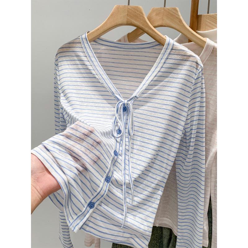 Korean Style Women's Striped V-Neck Cardigan - Summer Sun Protection, Sweet Casual Loose Fit, Long-Sleeved Top