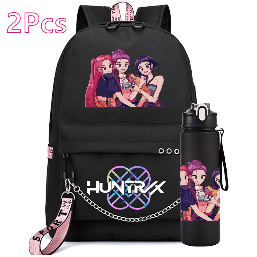 2 ks/sada Anime K-pop Potisknutý Batoh s Láhví na Vodu 750 ml pro Dospívající Dívku Chlapce Školní Taška Dětský Dárek Velkokapacitní Vodotěsná Cestovní Taška Mochila