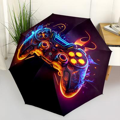 Neonlichter, Gaming-Controller-Thema Automatisches Öffnen/Schließen Modischer Regenschirm, Tragbarer 3-fach kompakter Regenschirm für Männer & Frauen