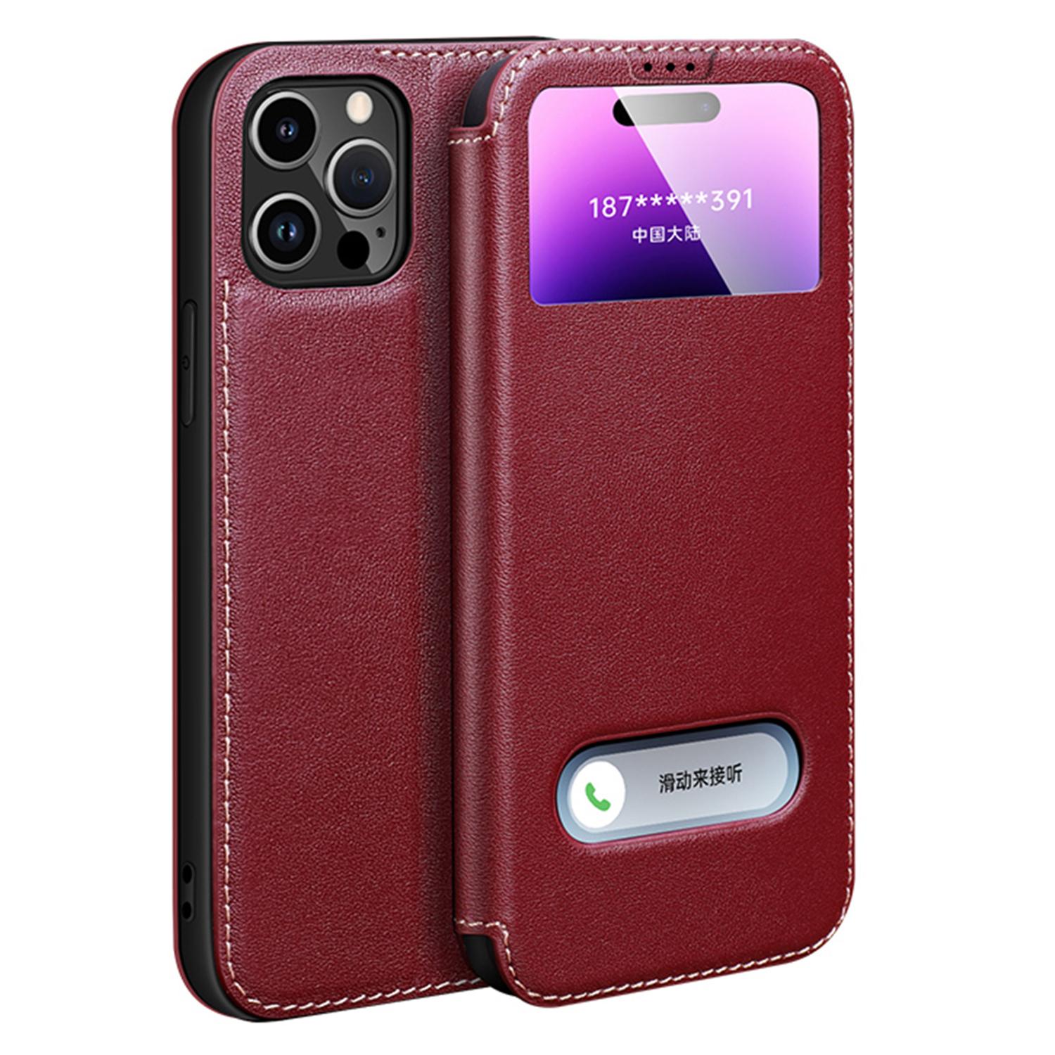 

Чехол для iPhone 16 Pro Max из натуральной коровьей кожи с окном для просмотра Red