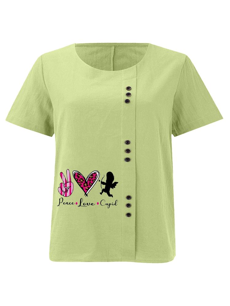 

Women s Fashion Love Letters Print Casual Cotton Linen Short Sleeve Round Neck T-shirt Shirt Leisure Loose Summer Blouse Tops 5XL зелений