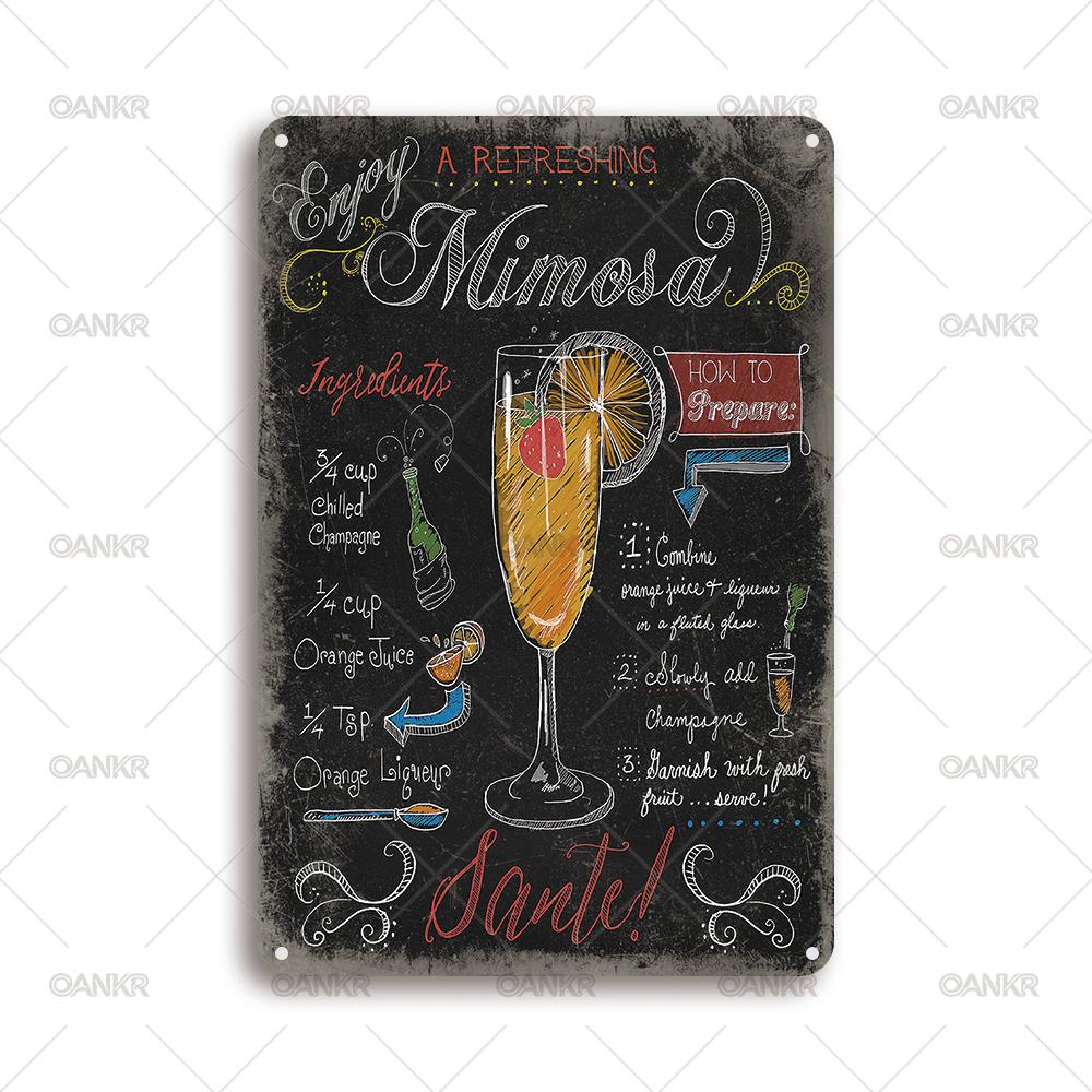 Vintage Art Cocktail Poster Metal Tin Sign Mimosa Cocktail Recipe Chalkboard Metal Signs for Home Pub Bar Wall Decor Plaque 20x30cm(7.8x11.8inch)