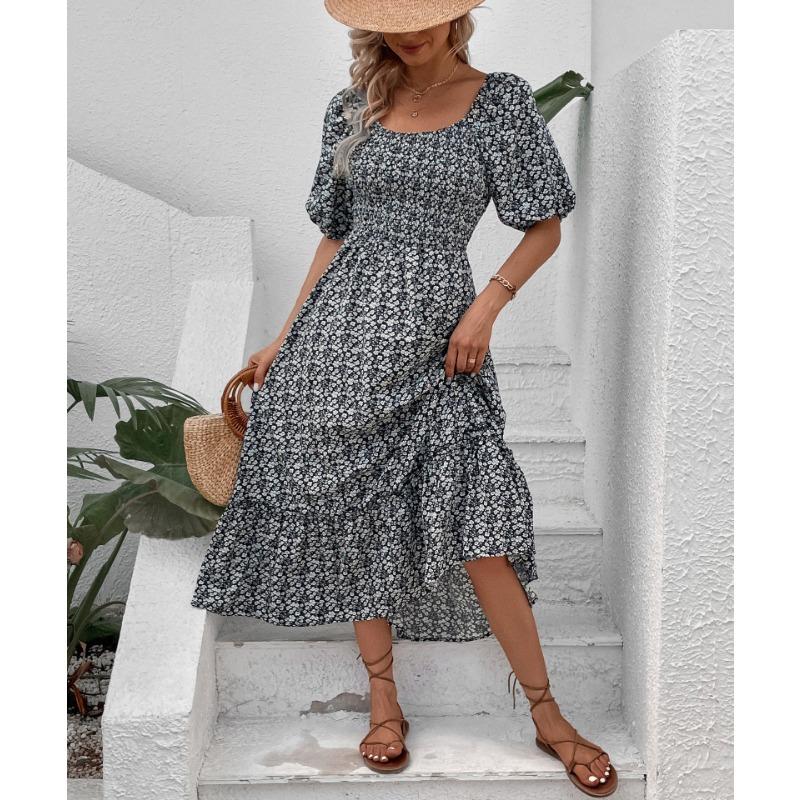 Summer three-quarter puff sleeve black and white floral dress