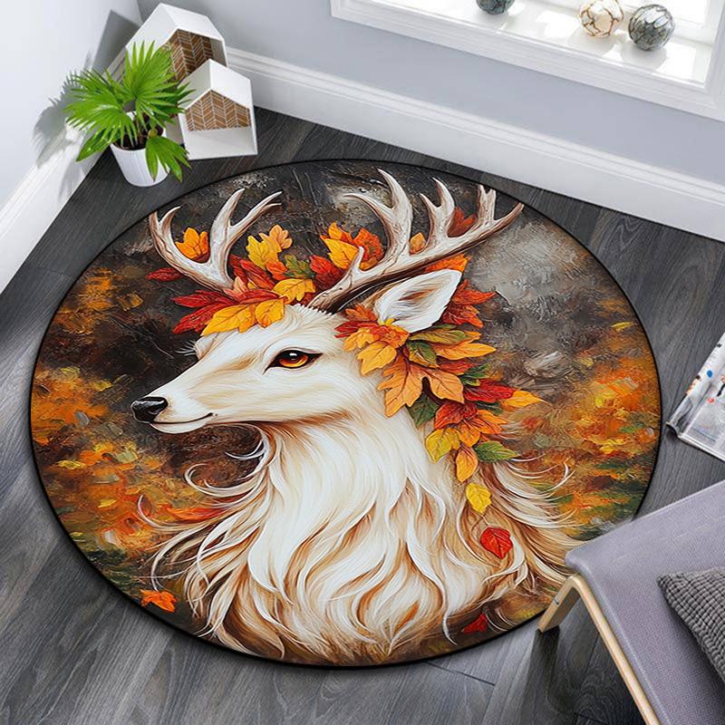 Autumnal Deer Round Area Rug,Carpet Rug for Living Room Bedroom Sofa Playroom Decor,Non-slip Floor Mat