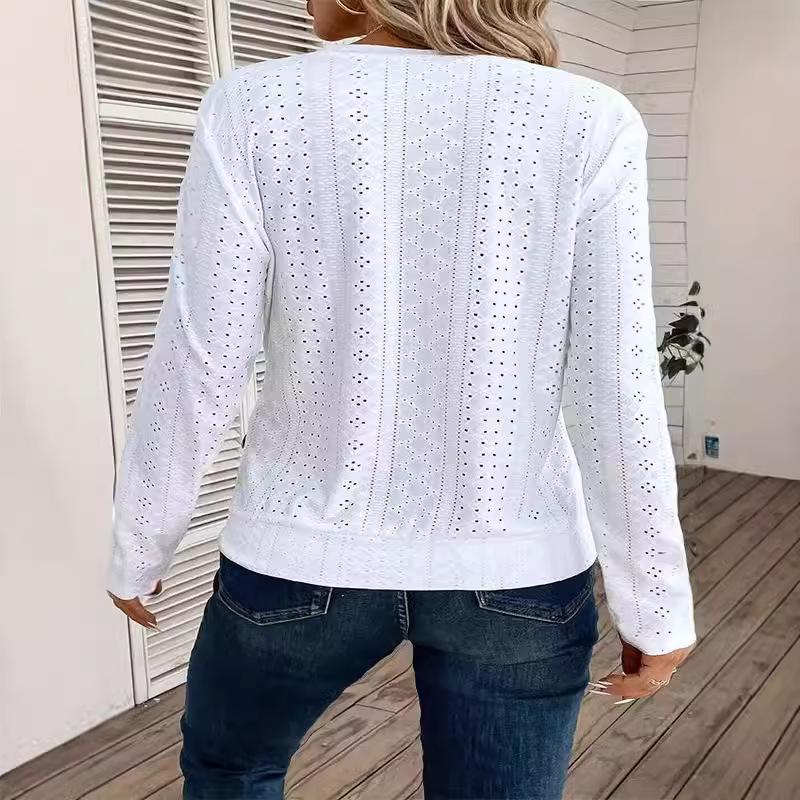 Button Embellished Eyelet Long Sleeve T-Shirt, Casual Solid Crew Neck Top, Spring/Autumn, Women's