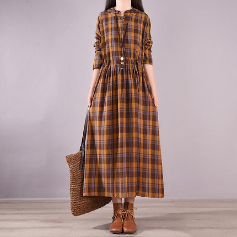 Spring Plus Size Women s Retro Waist-Cinched Lace-Up Plaid Dress XXL