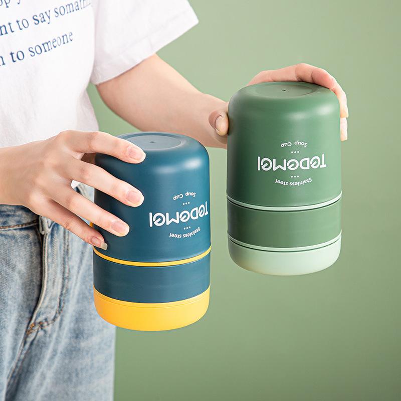Isolierter Lunchbox-Behälter aus Edelstahl Doppelschichtiger japanischer Suppenbecher Versiegelter Frühstücksbecher mit Deckel Löffel Bento-Box