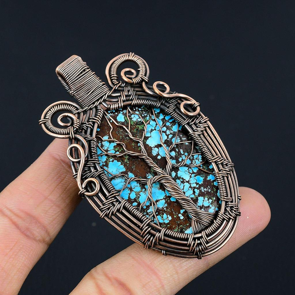 Tree Of Life Tibetan Turquoise Pendant, 999 Copper Wire Wrapped Gemstone Jewelry, Handmade Pendant, For Thanksgiving