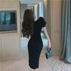 New Summer 2025 Black French Puff Sleeve Slim Fit Dress with Long Slit for Women