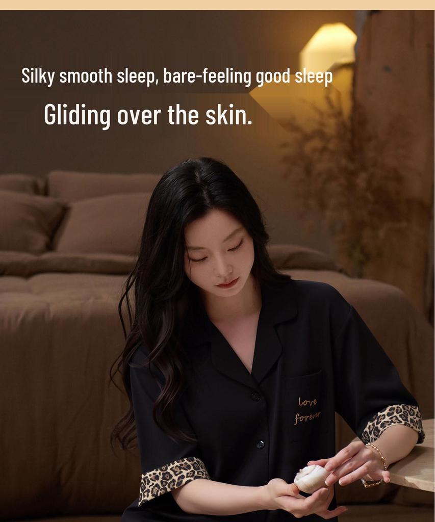 Women's Summer Leopard Print Silk Pajama Set: Short Sleeve & Shorts