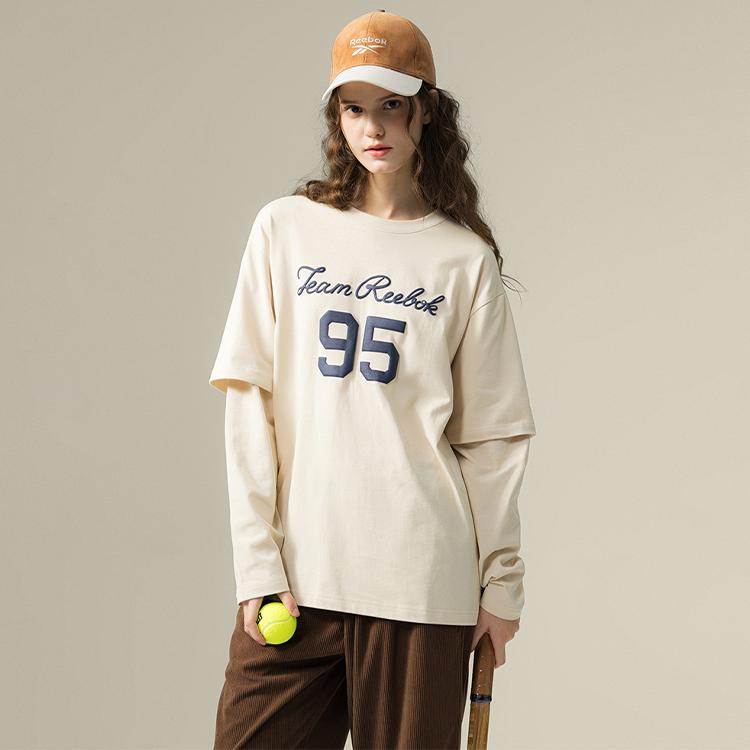 Reebok Fashion Retro Loose Simple Fake Two-Piece Round Neck Long Sleeve T-Shirt Unisex Tops Beige 24FRM505UGM1