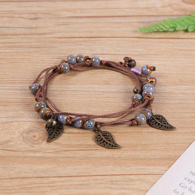 Vintage Bohemian Ceramic Bracelet Girl Sweet Bell Leaf Versatile Waist Chain Multi-circle Bracelet Jewelry