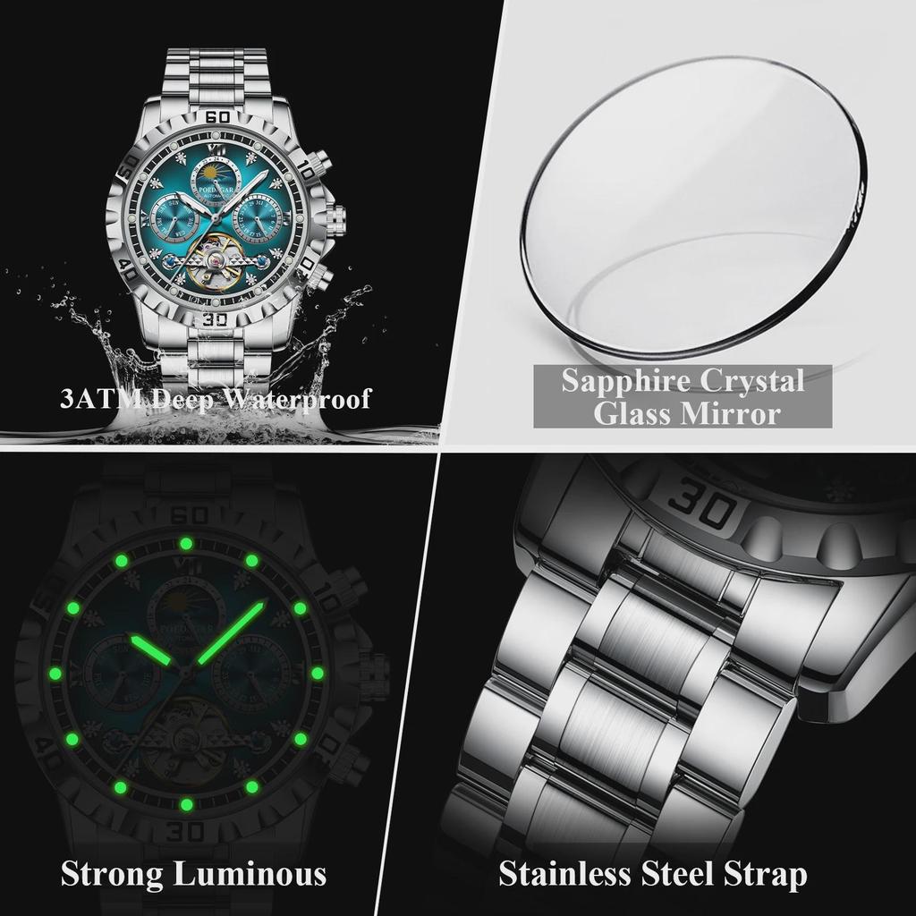 POEDAGAR Fashion Luxury Men Watch Automatic Date Week Man Wristwatch Hollow Tourbillon Mechanical Stainless Steel Men's Watches
