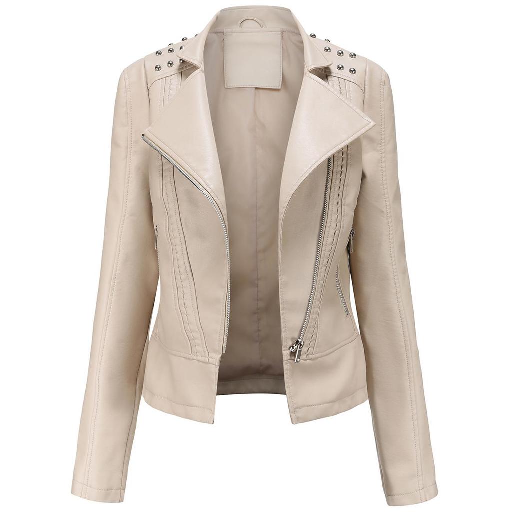 Women Faux Leather Jacket Moto Biker Short Coat PU Motorcycle Racer Lapel Collar Crop Blazer Punk Rock Stylish Outwear with Rivets Fashion Tops Outfit