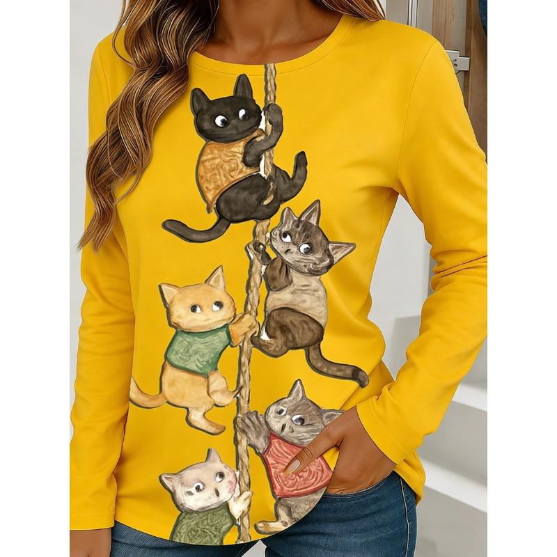 Women's Long-Sleeve T-Shirt for Autumn, Cat Climbing Rope Print Street Style Casual Crew Neck Pullover Loose Fit Outdoor T-Shirt