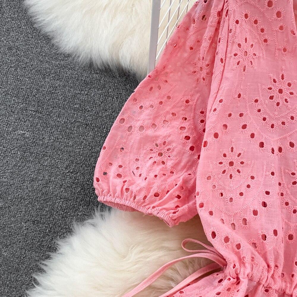 Summer Small Fresh Age-reducing Sweet Bubble Short-sleeved V-neck Hollow Embroidery Waist Tie Slim Dress Women