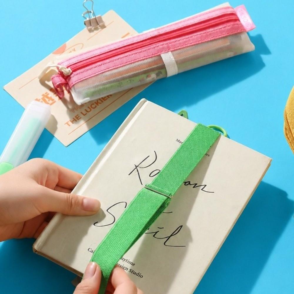Elastic Strap Zipper Pencil Case Mesh Fabric Stationery Organizer Mesh Pen Pouch School Supplies