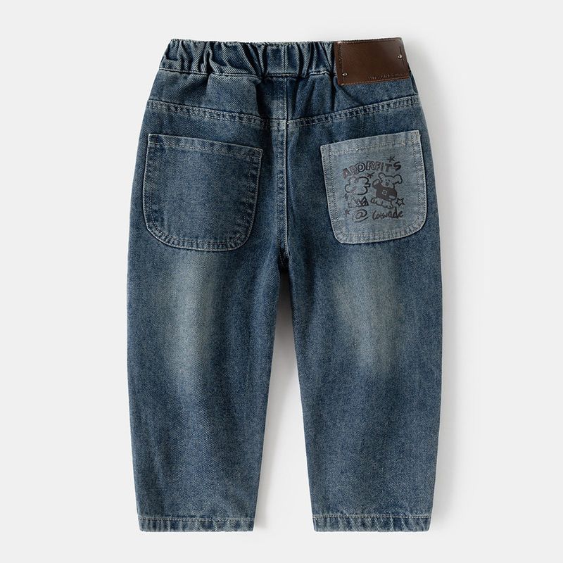 Boys  Jeans Spring and Autumn Children s Clothing Children s Solid Mid-Waist Trousers Children s Korean-Style Cartoon Bear Casual Pants Image color 100