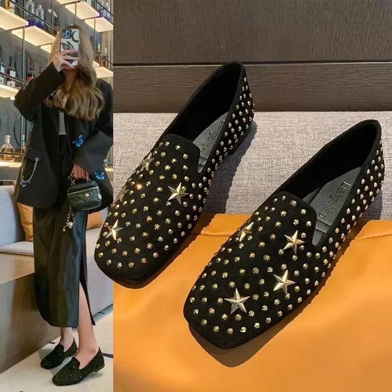 Rivet Low Heel Flat with Women's Loafers Star Square Heel Ladies Shoes on Sale 2025 High Quality Comfortable Versatile Flats