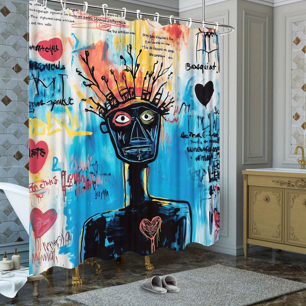 1pc Abstract Artistic Humanoid Figure Shower Curtain, Vibrant Mismatched Eyes Crowned Head Graffiti Style Urban Surreal Design,