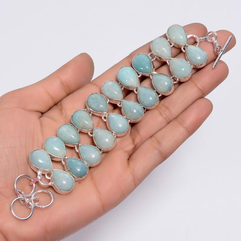 Splendid Top Grade Qualite 100% Natural Amazonite Pear Shape Ethnic Style Handmade Jewelry 925 Steling Silver Plated Bracelet 5-8" WSJ-4712